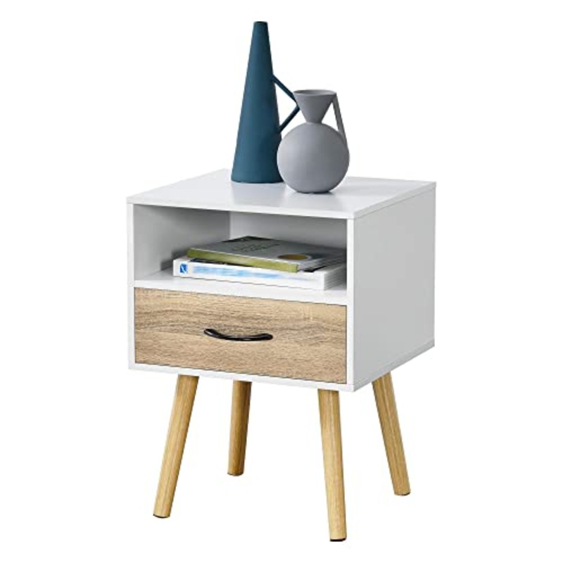 Comodino da Notte con Cassetto e Scomparto Portaoggetti 57 x 42 x 40 cm Tavolino da Divano a 4 Gambe in Legno Tavolo Basso da Salotto/Soggiorno/Camera da Notte – Bianco/Effetto Rovere