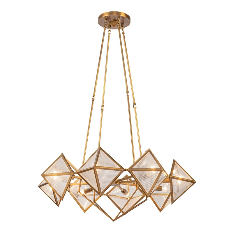 Eight Light Chandelier from the Cairo Collection in Vintage Brass/Clear Ribbed Glass Finish by Alora
