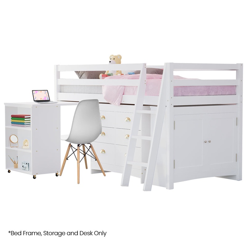KINGSTON SLUMBER Wooden Kids Single Loft Bed Frame with Pull Out Desk, Storage Drawers, Cabinet – White