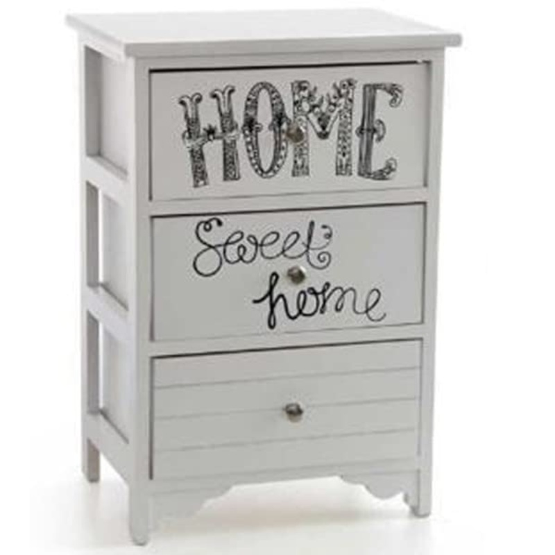 Trade Shop – CASSETTIERA IN LEGNO BIANCO 3 CASSETTI 40X29X58CM DECORATA CON TESTO SWEET HOME –