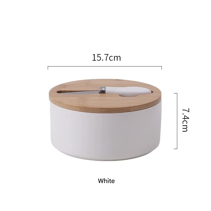 White Nordic Ceramic Butter Dish with Knife – Airtight Cheese Container with Bamboo Lid, Kitchen Storage