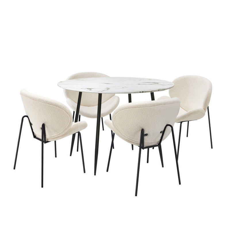 110cm Round Dining Table with 4PCS Chairs White Sherpa