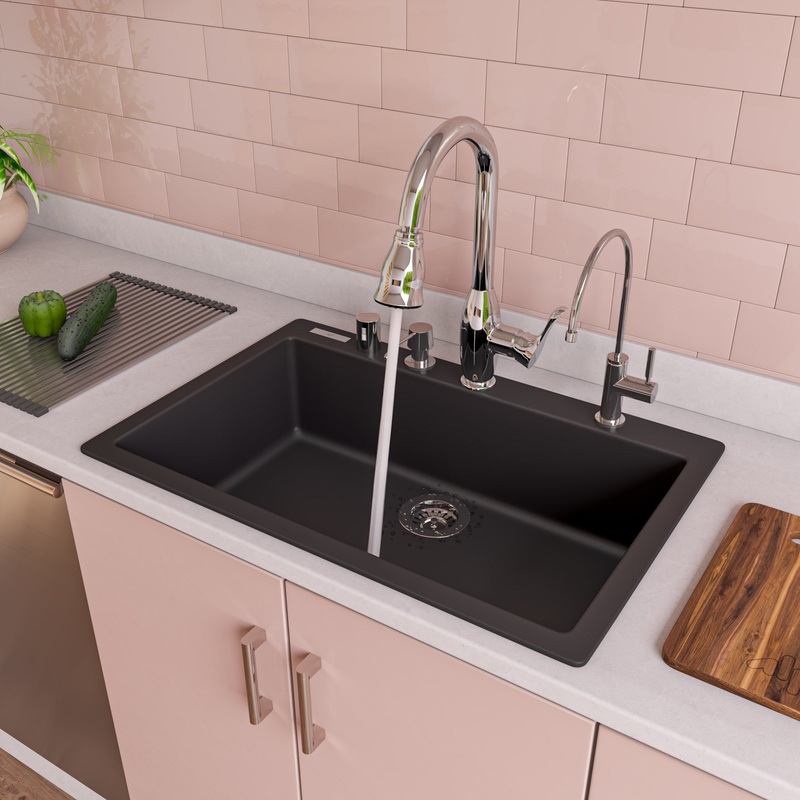 ALFI brand AB3020DI-BLA Black 30″ Drop-In Single Bowl Granite Composite Kitchen Sink