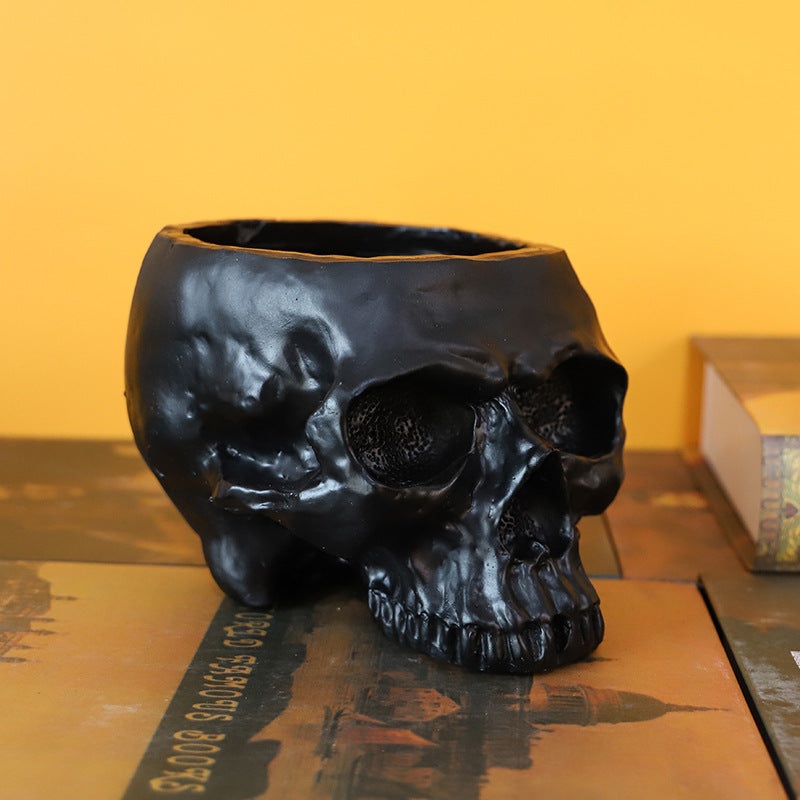 Black Halloween Skull Resin Desktop Ornament and Pen Holder – Spooky Decor