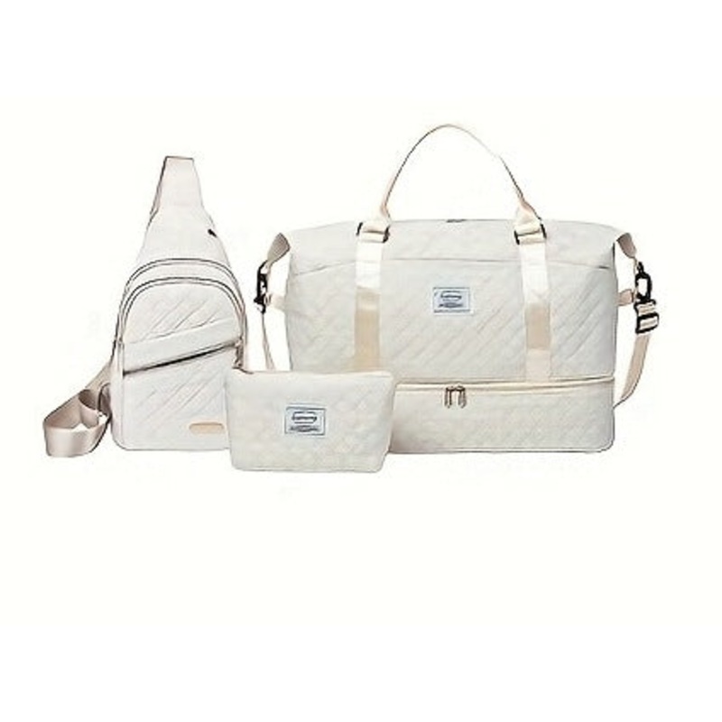 White Chic 3-Piece Quilted Travel Bag Set – Duffel, Crossbody Sling & Toiletry Pouch – Large Capacity & Lightweight
