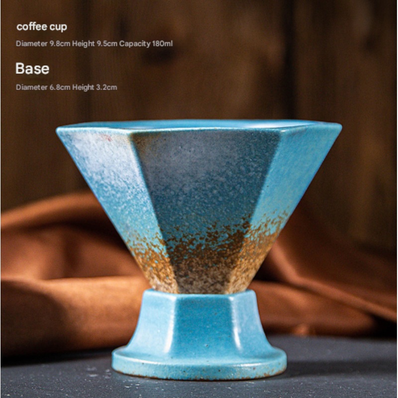 Blue and Brown Artistic Hexagonal Ceramic Coffee Cup & Stand Set – 180ml Nordic Design Drip Glaze Mug