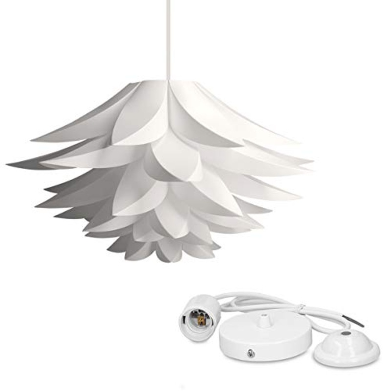 kwmobile Lampadario DIY puzzle fiore di loto – Paralume per lampada a sospensione – con set fissaggio al soffitto portalampada E27 cavo 90cm – bianco