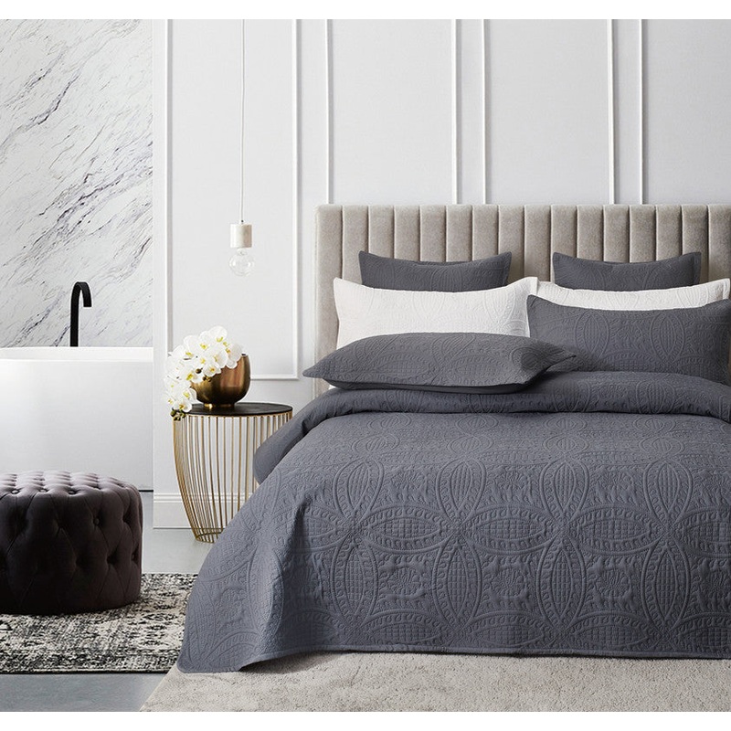 Lisbon Quilted 3-Piece Embossed Coverlet Set (Charcoal, Double/Queen)