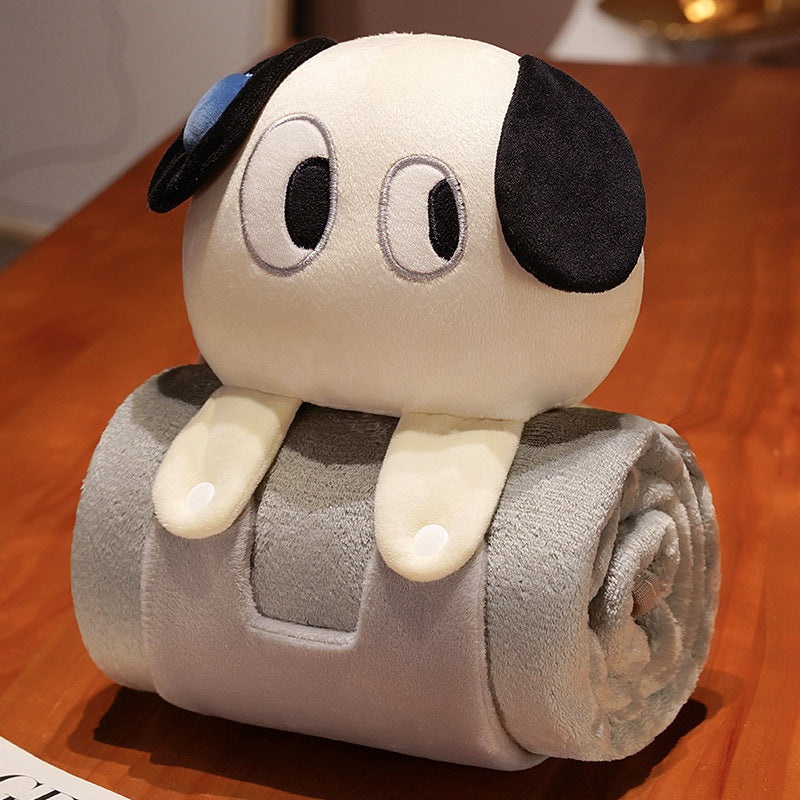 Plush 2-in-1 Pillow Blanket – Adorable Design for Cozy Comfort(Black and white dog)