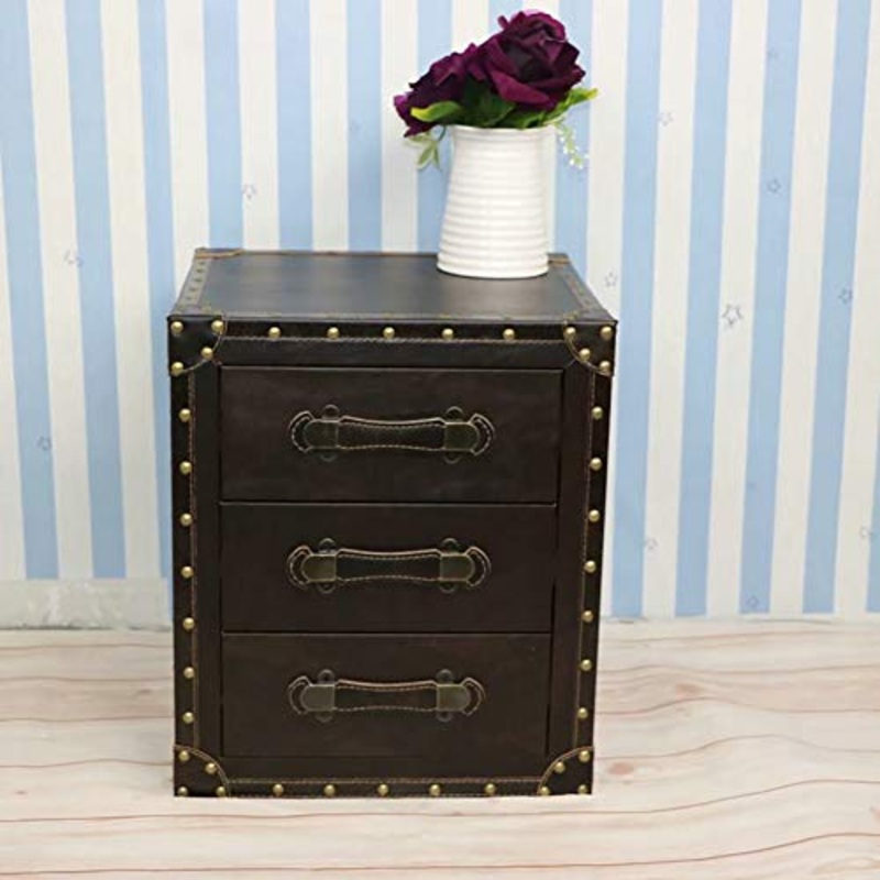 XNfan Legno Retro Comodino, Divano in Pelle Laterale del Torace End Table Storage Table Style Industriale Comodino con 3 cassetti (Color : Coffee)