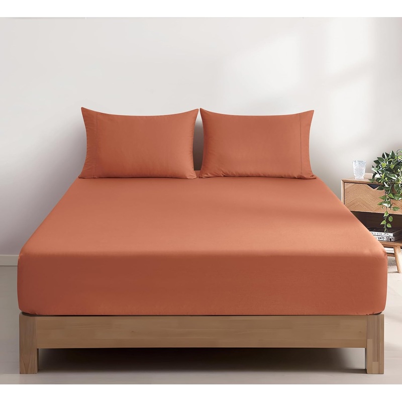100% Vintage Washed Cotton Fitted Sheet Combo Set  100% Natural Cotton, Ultra Soft & Breathable  Includes Fitted Sheet & Pillowcases  Machine Washable (Brick, Single)