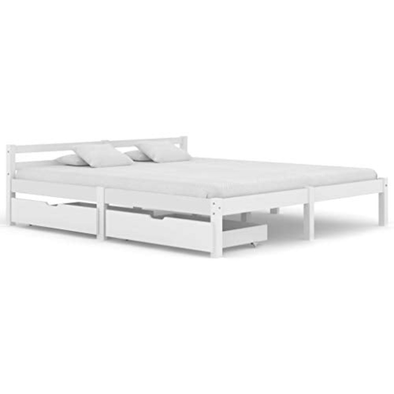 BIGTO – Struttura letto con 2 cassetti in legno di pino massello, mobili per camera da letto, 180 x 200 x 60 cm, colore: Bianco