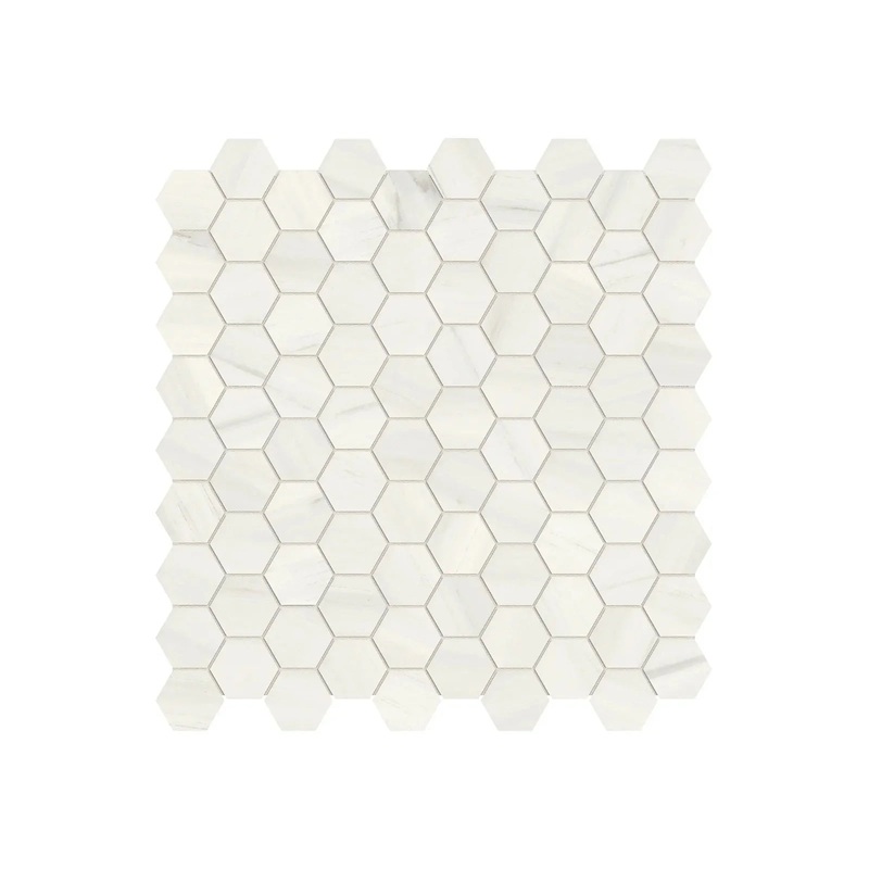 1.25 Inch Mayfair Suave Bianco Polished Porcelain Hexagon Mosaics. 1 Sheet = .97 Sq. Ft. 1.25″