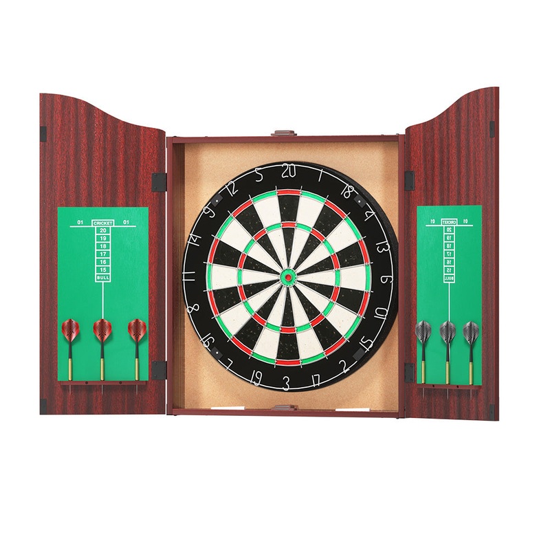 18″ Dartboard Dart Board with Steel Darts Wooden Cabinet Party Game