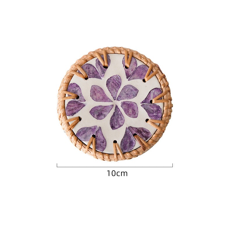 4 Pcs Beige Background With Purple flower Handcrafted Rattan Coaster with Natural Shell Inlay – Decorative & Heat Insulating Drink Mat