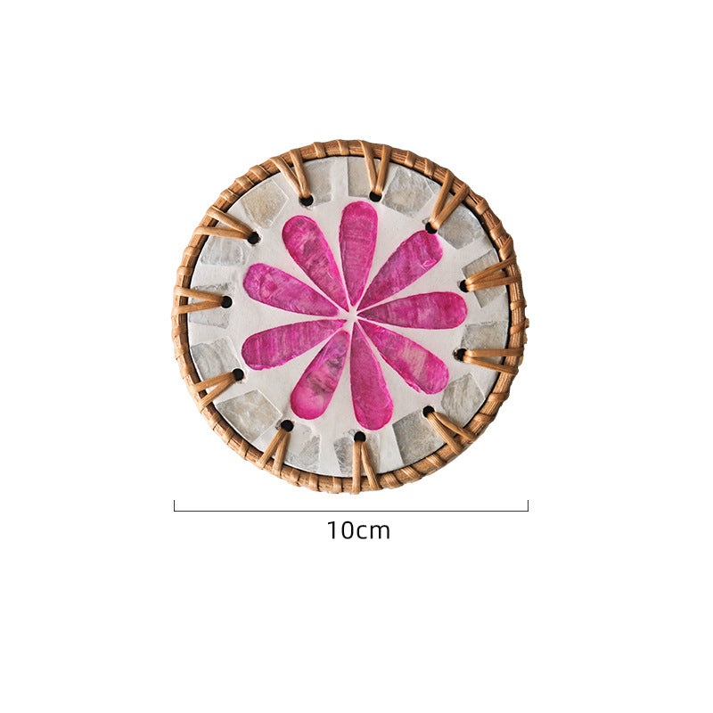 4 Pcs Khaki Background With Pink flower Handcrafted Rattan Coaster with Natural Shell Inlay – Decorative & Heat Insulating Drink Mat