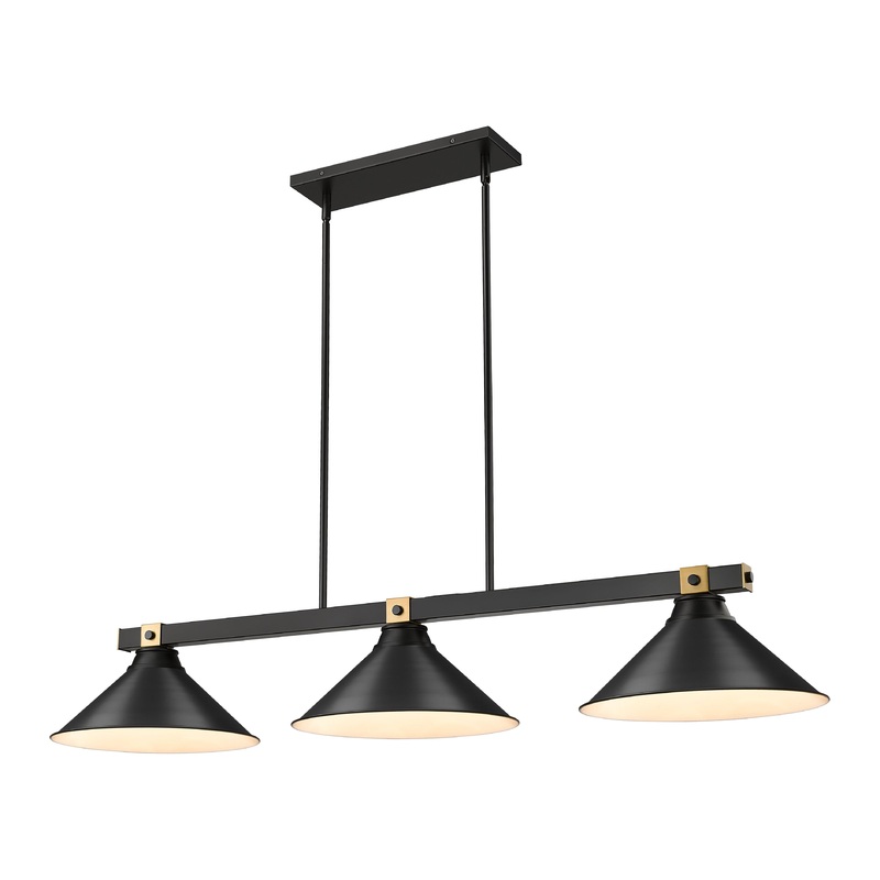 Bronte 3-Light Billiard Matte Black + Rubbed Brass Lipped Cone Matte Black Steel