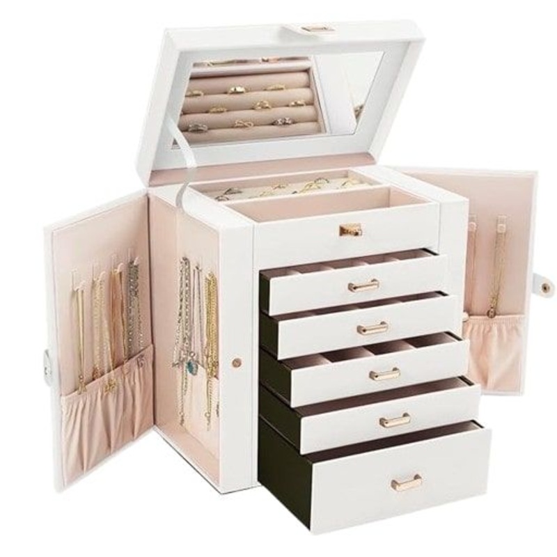 CARLA HOME 6-Layer Large Jewelry Box for Women withDrawers, Mirror, Lock, Necklace Hooks & Side Compartments for Rings, Earrings, Bracelets, Gifts (White)