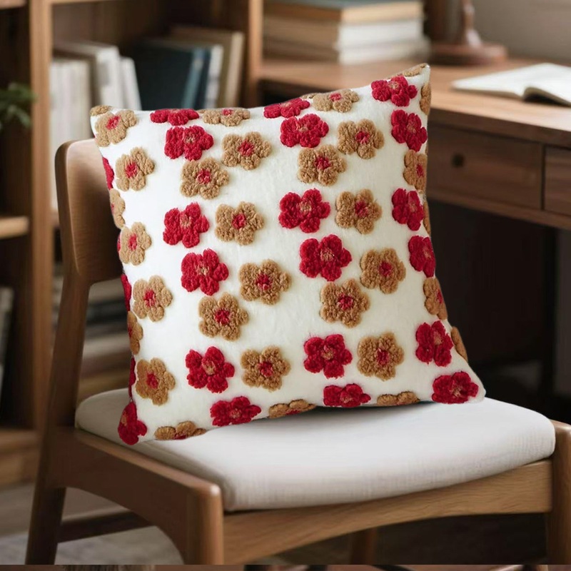 Red and Brown Charming 3D Floral Plush Cushion Covers – Set of 4, 45x45cm Soft Faux Lambswool Pillowcases for Sofa & Bed Decor