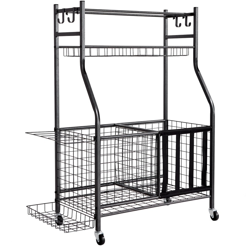 VEVOR Sports Equipment Garage Organizer, Rolling Ball Storage Cart on Wheels, Basketball Rack with Baskets & Hooks, Indoor/Outdoor Sports Gear and Toys Storage, Steel Sports Equipment Organizer, Black