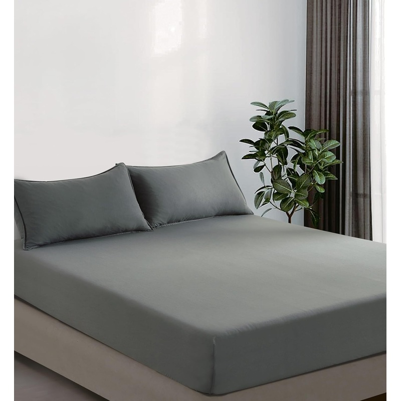 100% Vintage Washed Microfibre Fitted Sheet Set  Ultra Soft & Lightweight All-Season Fitted Sheet with 2 Pillowcases (Grey, Double Size)