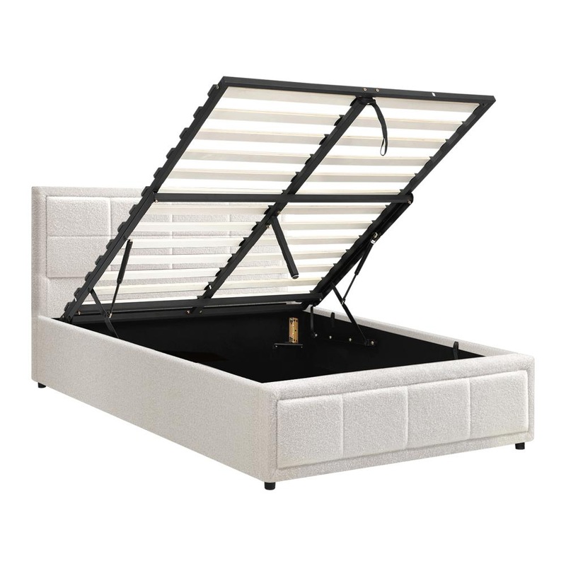 Bed Frame King Single Gas Lift Storage Base Boucle White