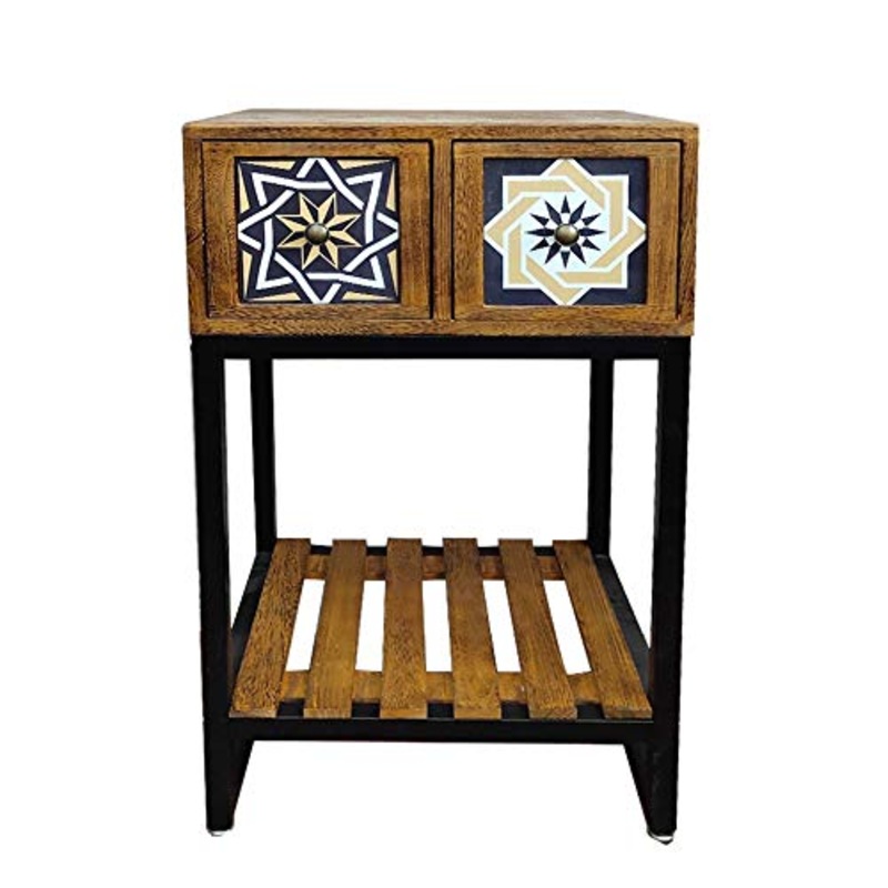 Comodino HAIZHEN Multifunzione Vintage in Ferro battuto a 2 cassetti con ripiano, 18,1″* 13,7″ * 30,3″