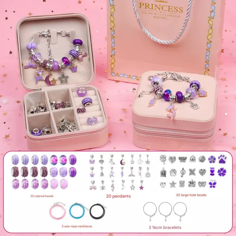 Purple Kids DIY Beaded Bracelet Set – Creative Jewelry Making Kit with Princess Gift Box and Display Stand