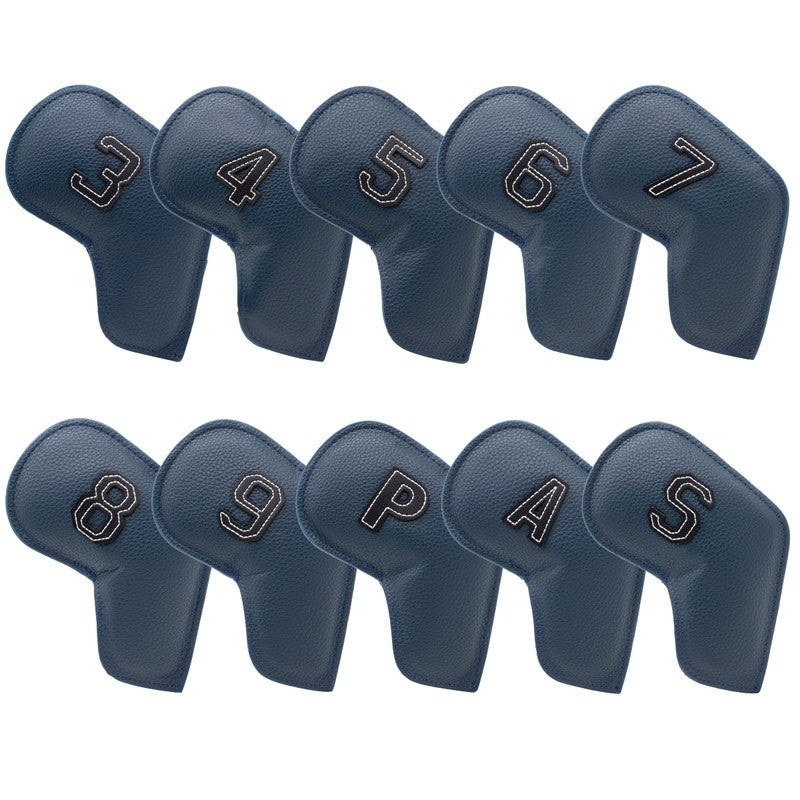 Dark Blue Golf Iron Head Covers Set of 10 – Waterproof PU Leather Club Protectors with Embroidered Numbers (3-9, P, A, S)