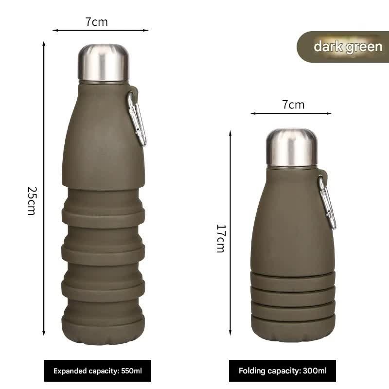 Dark green Collapsible Silicone Water Bottle – Portable Sports Hydration Flask with Carabiner, 550ml/300ml