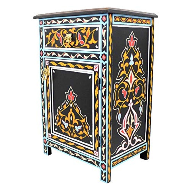 LOrient Menara – Com marocchino in legno massiccio, dipinto a mano, altezza 68 cm, 1 cassetto 1 porta, stile antico vintage, orientale, vera opera d’arte di Marrakech