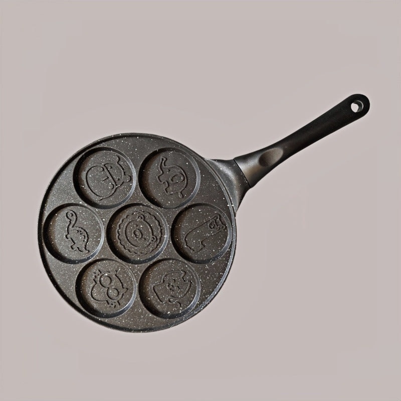 Black Cartoon + Black Handle (Gas Model) Non-Stick Pancake Pan – 7-Hole Fun Shapes Breakfast Griddle (27cm)