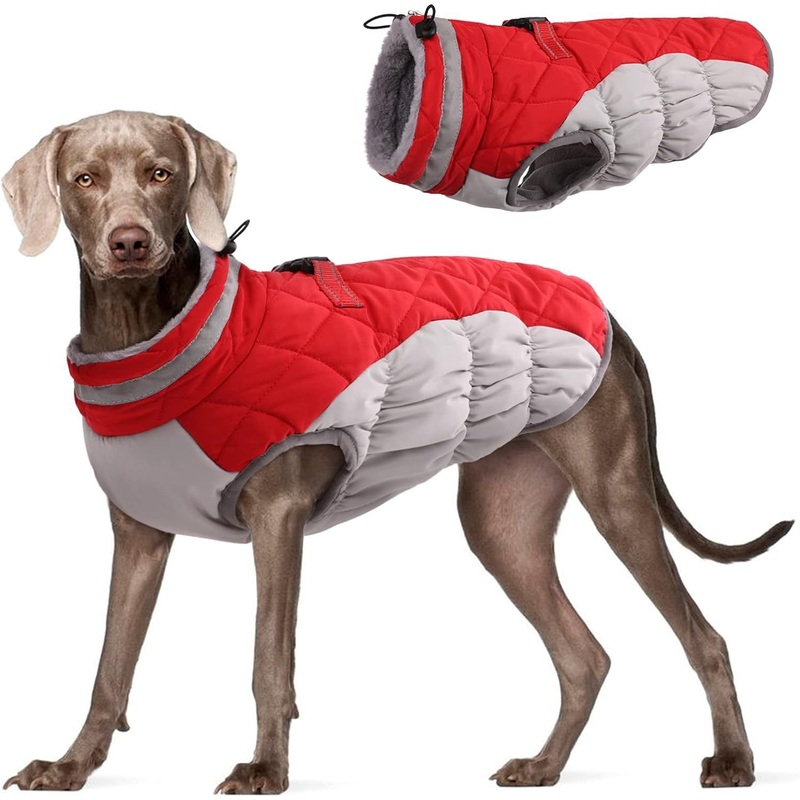 L Red Grey Premium Winter Puffer Dog Coat – Windproof & Fleece-Lined Jacket for Cold Weather