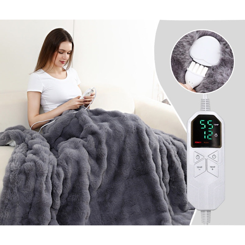 127*152CM Grey Luxurious Faux Rabbit Fur Electric Heated Throw Blanket – Cozy Warmer with 9 Heat Settings & Timer (AU Plug)