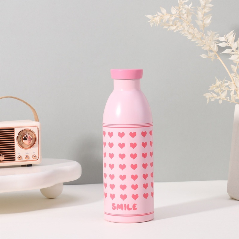 Cute Milk Bottle Thermos – 500ml Stainless Steel Insulated Water Bottle (Pink love heart)