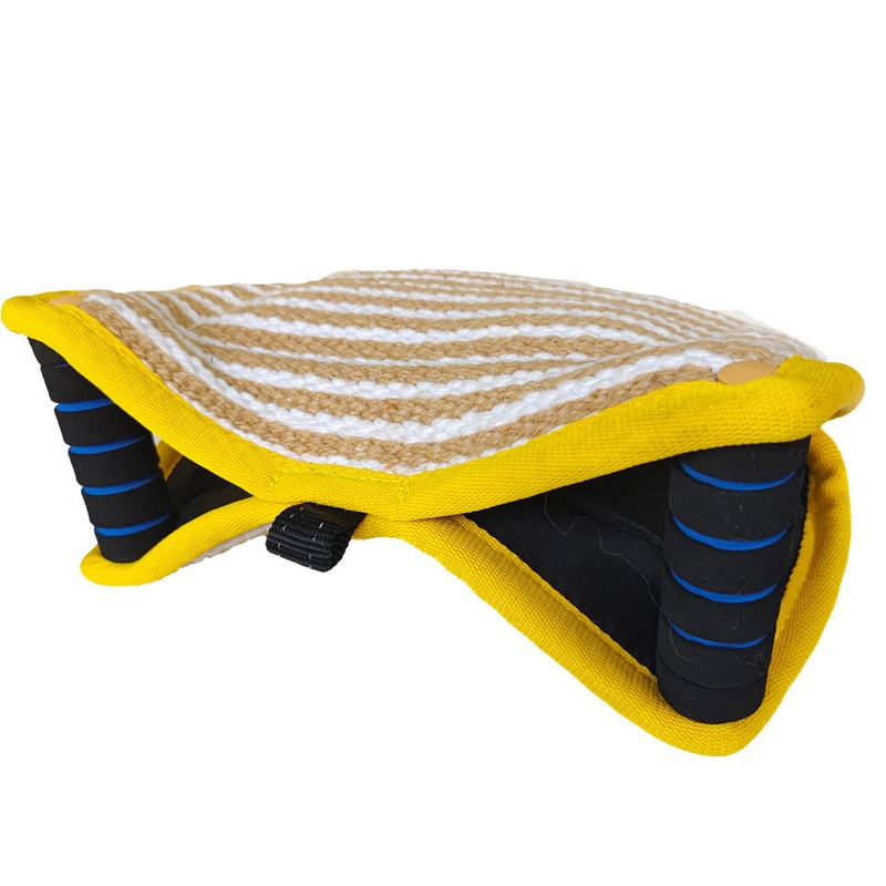 Yellow and Khaki Heavy Duty Jute Dog Bite Pillow – Professional Training Tug Toy with 3 Handles for Schutzhund, K9, Agility & Bite Work