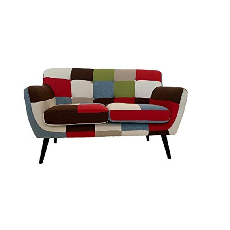 Divano Poltrona Pouf in Tessuto Patchwork con Gambe in Legno massello Seduta Imbottita (2 Posti)