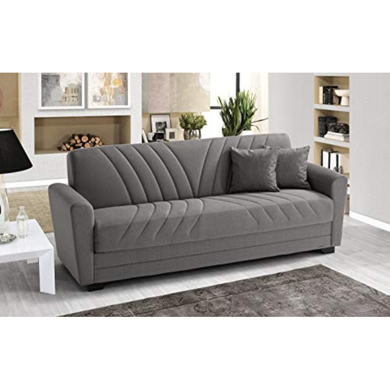 Divano 3 posti in tessuto lavabile grigio – 220 x 88 x 83h cm, vano contenitore, trasformabile in letto una piazza e mezza
