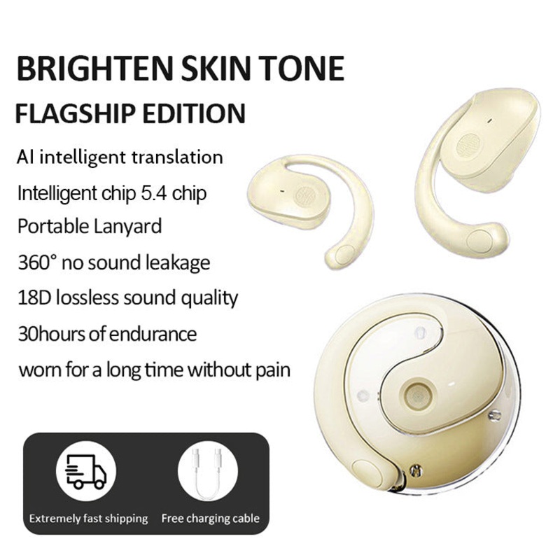 Yellow T2 AI Smart Translation Earbuds – Open-Ear OWS Bluetooth 5.4 Headphones with Simultaneous Interpretation & IPX4 Waterproof
