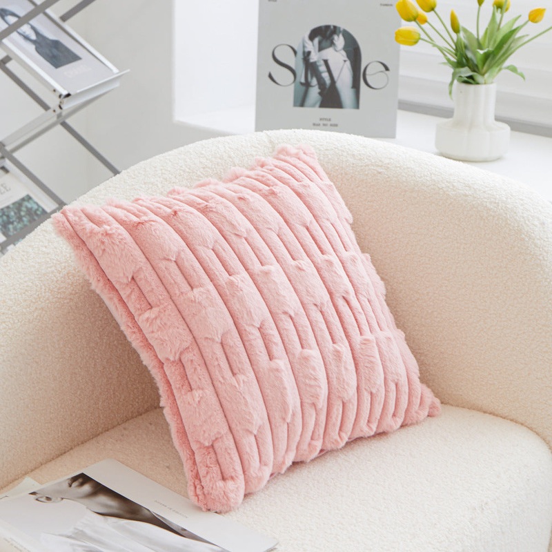 A pair of pink Plush Faux Rabbit Fur Throw Pillow Cover – Textured Wheat Ear Design (45x45cm)