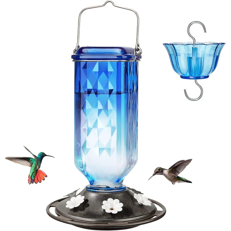 Elegant Hanging Hummingbird Feeder – Decorative Plastic Nectar Bottle with Ant Moat, 6 Feeding Ports(Blue)