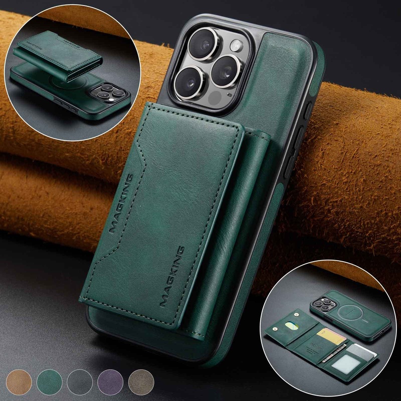 Green Premium MagSafe Wallet Case for iPhone 16 Pro – Detachable PU Leather Magnetic Card Holder
