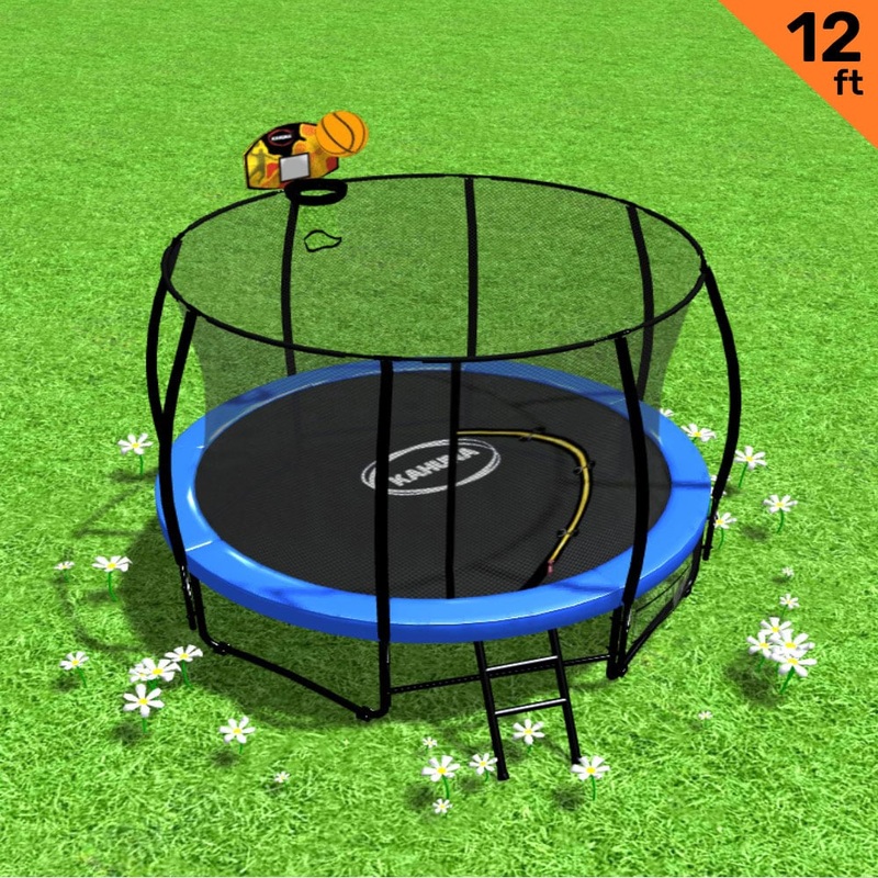 Kahuna 12ft Outdoor Trampoline Kids Children With Safety Enclosure Pad Mat Ladder Basketball Hoop Set – Blue
