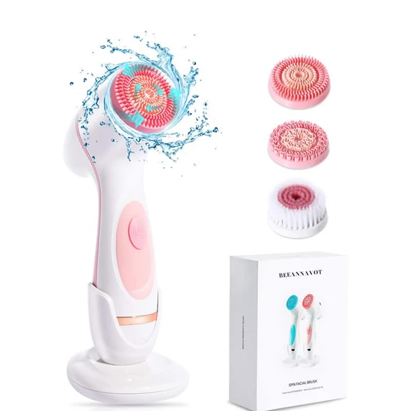 Pink Waterproof Facial Cleansing Spin Brush Set – Rechargeable with 3 Heads & Charging Stand