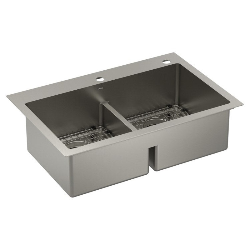 Kitchen Sink Prep 33 x 22 Inch 2 Bowls 2 Hole Stainless Steel Dual Mount Rectangle Stainless Steel