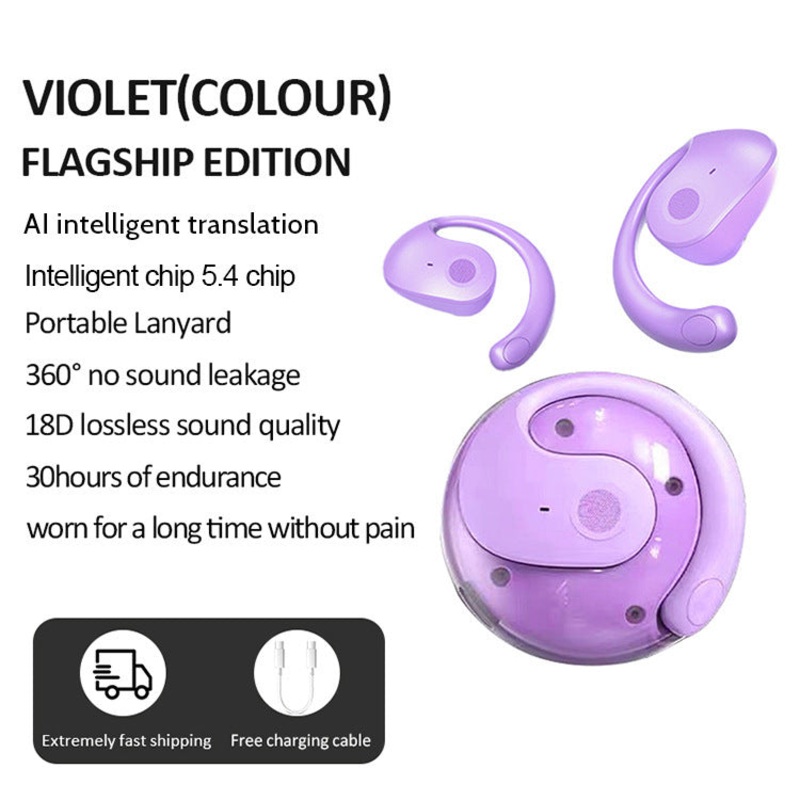 Purple T2 AI Smart Translation Earbuds – Open-Ear OWS Bluetooth 5.4 Headphones with Simultaneous Interpretation & IPX4 Waterproof