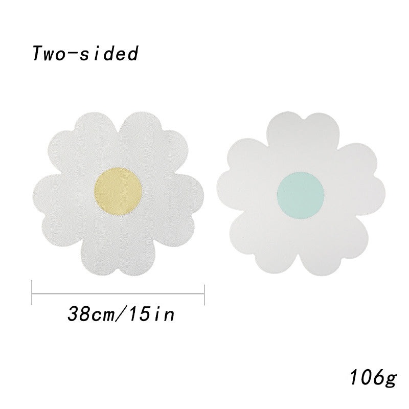 White Background With Yellow Heart + Blue Heart Set of 6 Reversible Flower Shaped Placemats – Waterproof PU Leather Dining Table Mats
