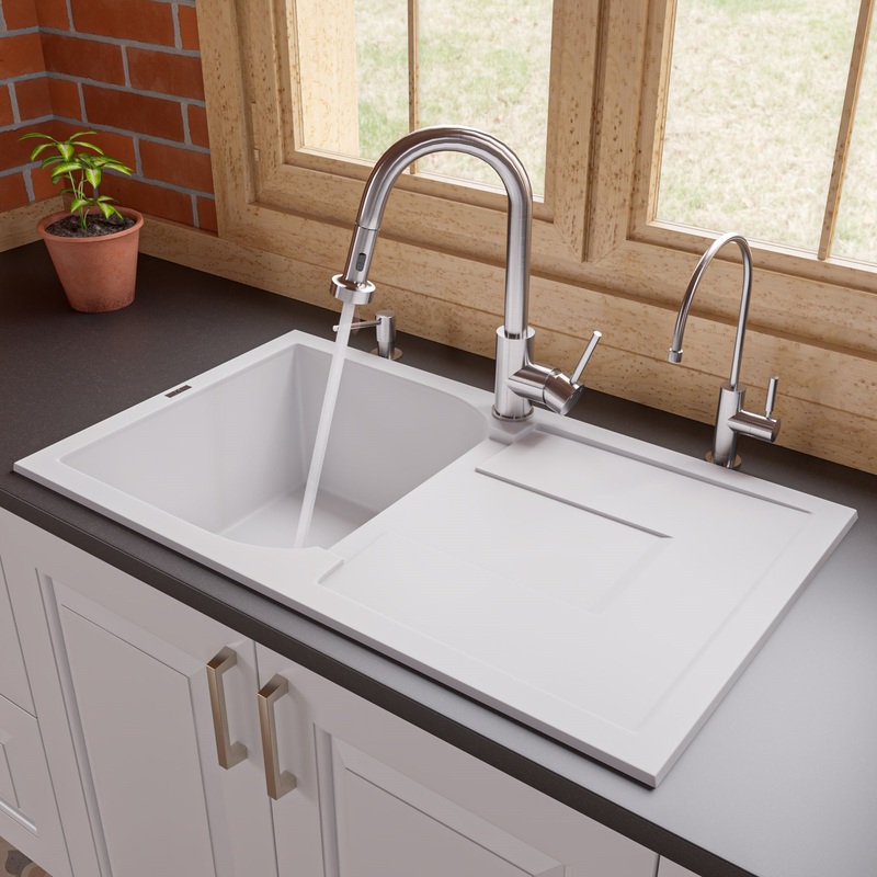 ALFI brand AB1620DI-W White 34″ Single Bowl Granite Composite Kitchen Sink with Drainboard