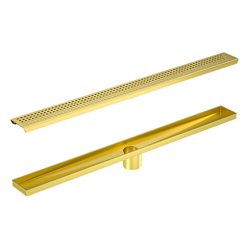 900mm Bathroom Shower Brushed Brass Grate Drain w/ Centre outlet Floor Waste Square Pattern