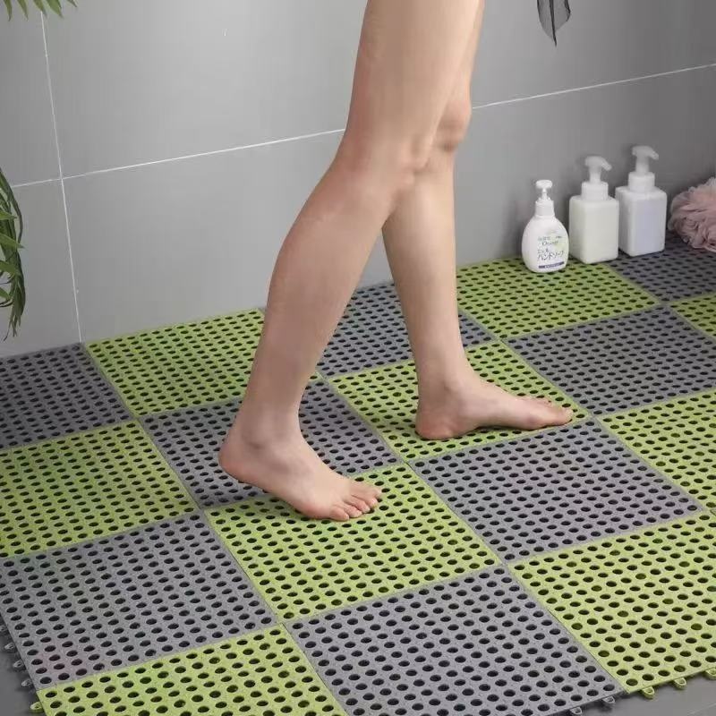 Grey And Green DIY Interlocking Non-Slip Floor Tiles – 12-Pack PVC Drainage Mat for Shower & Bathroom Safety